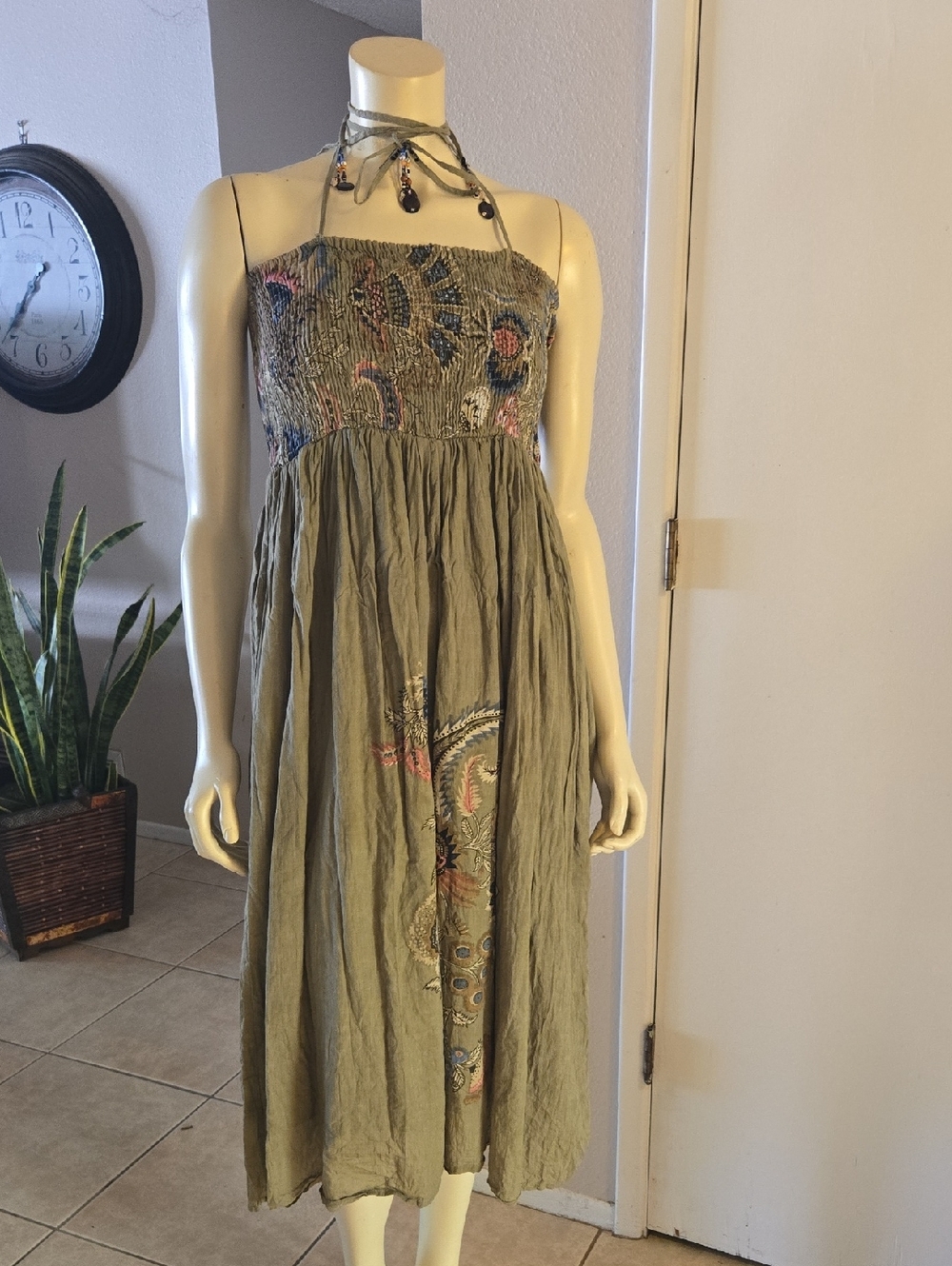 Bohemin Summer Dress..100 Percent Cotton Sage Green Lined Jewels Attached ..